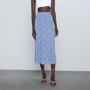Zara Blue Floral Pleated Midi Skirt Small